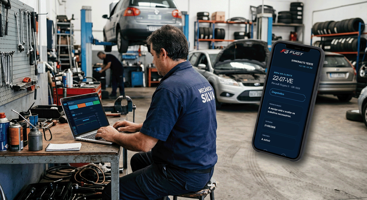 Mecânico a utilizar a SynkrAuto na oficina e área privada do cliente apresentada num telemóvel